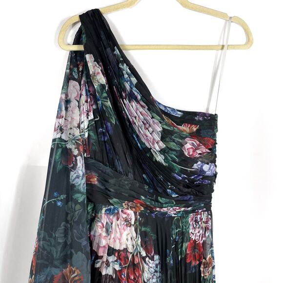 Marchesa One-Shoulder Gown Pleated Floral Chiffon Black Dress Side Slit Sz 6 - Picture 6 of 11